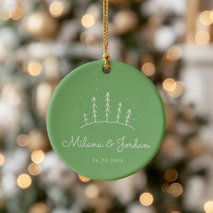 Minimalist Custom Couple Names Green Modern Photo Ceramic Tree Decoration