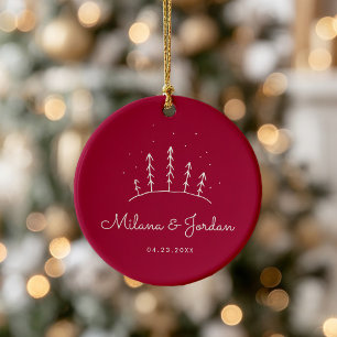 Minimalist Custom Couple Names Red Modern Photo Ceramic Tree Decoration