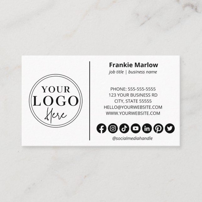 Minimalist Custom Logo Modern Social Media Icons Business Card (Front)