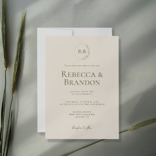 Minimalist Custom Monogram Floral Wreath Neutral Invitation