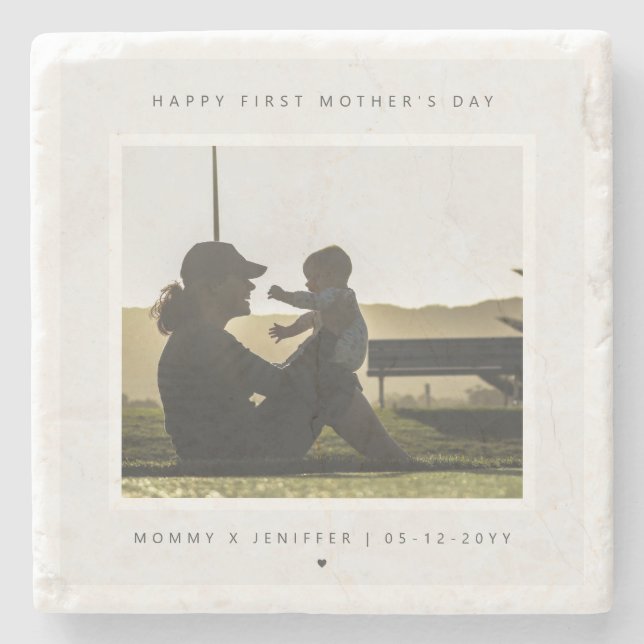 Minimalist Custom Photo First Mother's Day Modern Stone Coaster (Front)