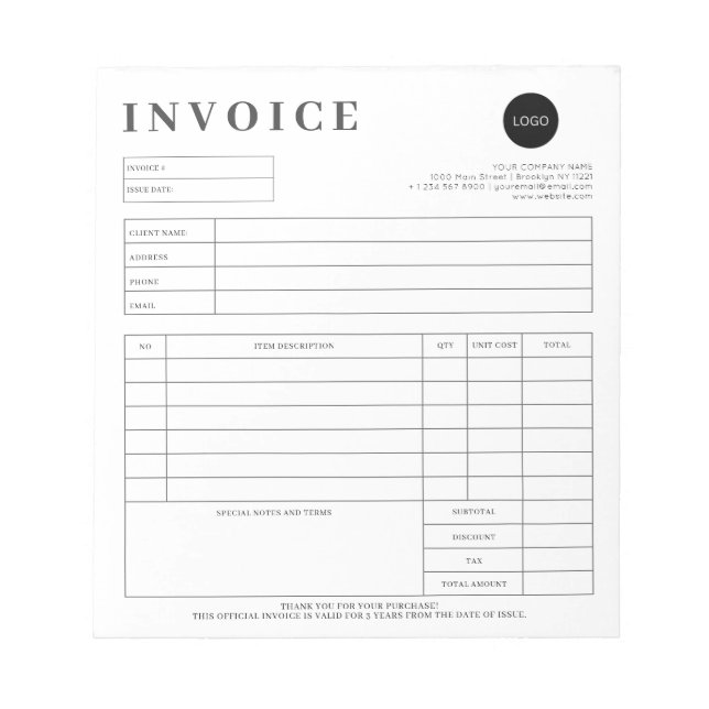 Minimalist Custom Small Business Invoice Receipt Notepad (Front)