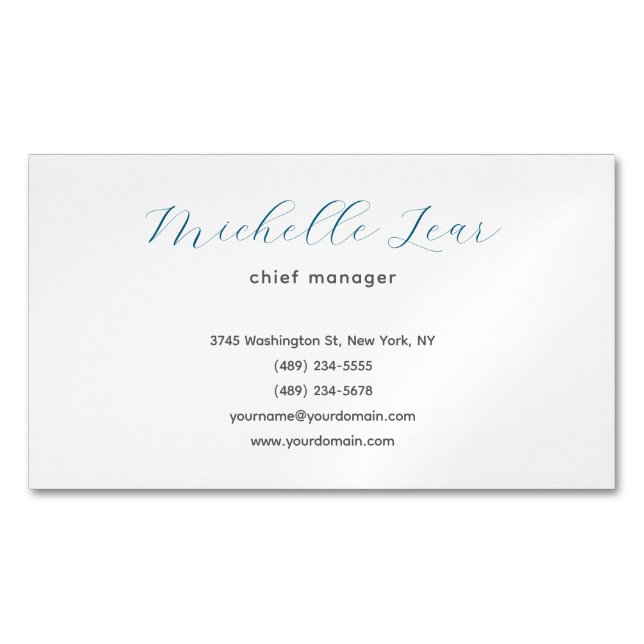 Minimalist Cute Blue & White Plain Classical Magnetic Business Card (Front)