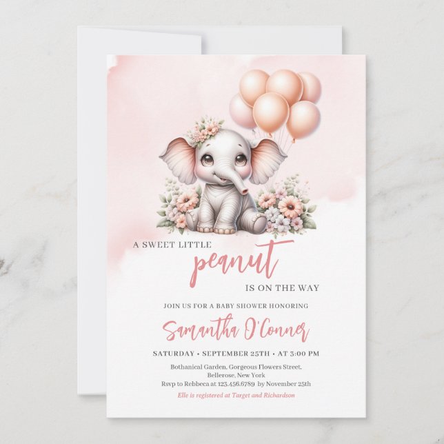 Minimalist cute elephant with pink balloons girl invitation (Front)