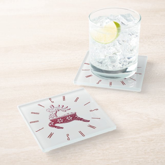 Minimalist Cute Festive Reindeer Merry Christmas  Glass Coaster (Angled)