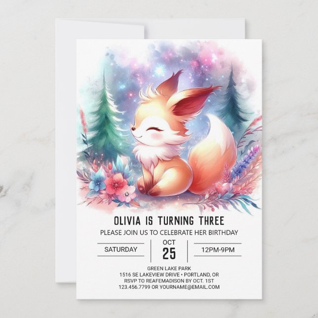  Minimalist Cute Fox Birthday digital invitation  (Front)