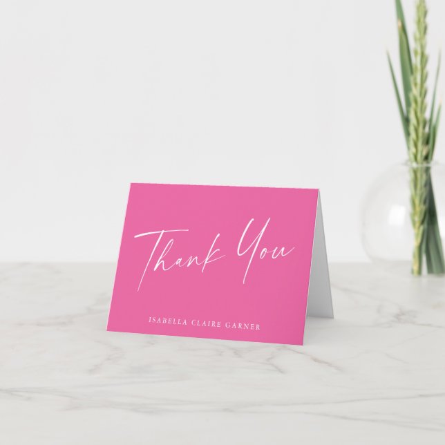 Minimalist Cute Hot Pink Custom Bat Mitzvah Thank You Card (Front)