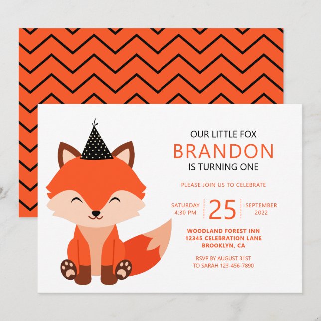 Minimalist Cute Little Fox Zigzag Birthday Invitation (Front/Back)