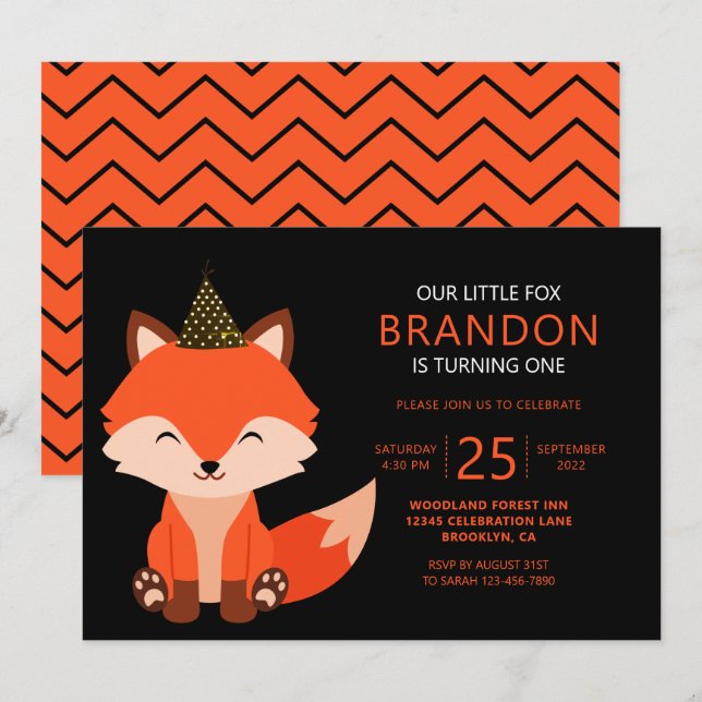 Minimalist Cute Little Fox Zigzag Black Birthday Invitation (Front/Back)