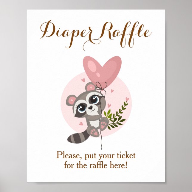 Minimalist Cute Racoon Baby Shower Diaper Raffle Poster (Front)