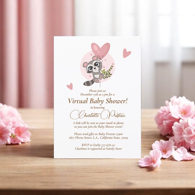 Minimalist Cute Racoon Baby Shower Virtual Invitation (Minimalist Cute Raccoon Baby Shower Virtual Invitation)