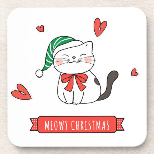 Minimalist Cute Santa Kitty Cat Meowy Christmas Coaster