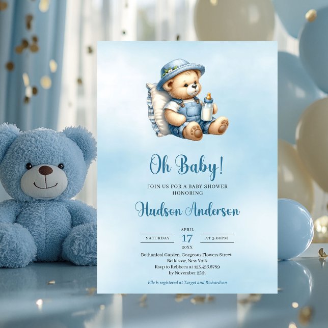 Minimalist cute teddy bear boy baby shower invitation (minimalist boy baby shower invitation with cute teddy bear)