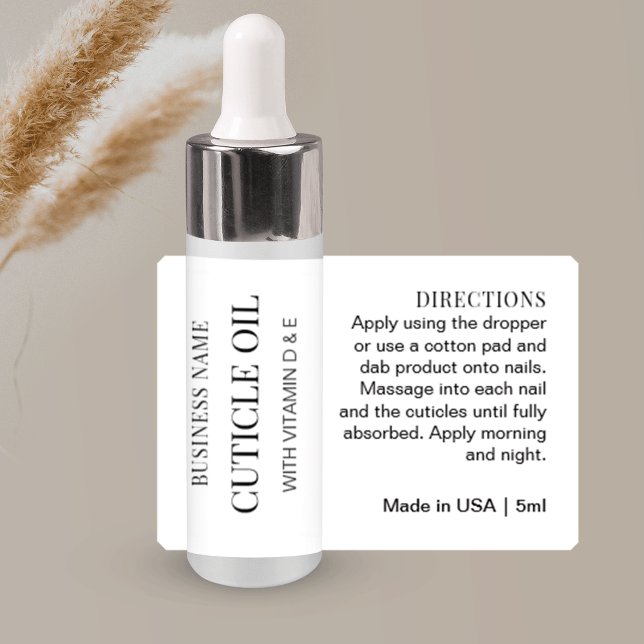 Minimalist Cuticle Oil 5ml Dropper Bottle Label (Minimalist MINI dropper bottle wrap around label in black and white with fully customizable text)