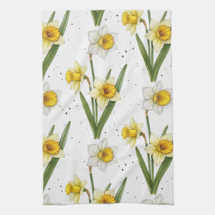 Minimalist Daffodil Flowers in Yellow & Sage Green Tea Towel