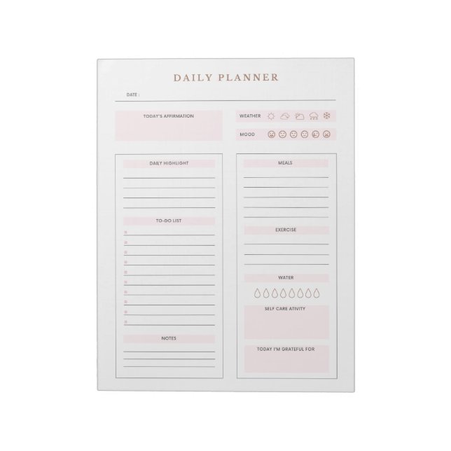 Minimalist Daily Planner To do list Pastel Pink Notepad (Rotated)