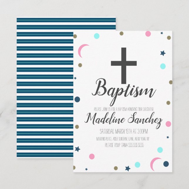 Minimalist Dainty Moon Stars Baptism Christening Invitation (Front/Back)
