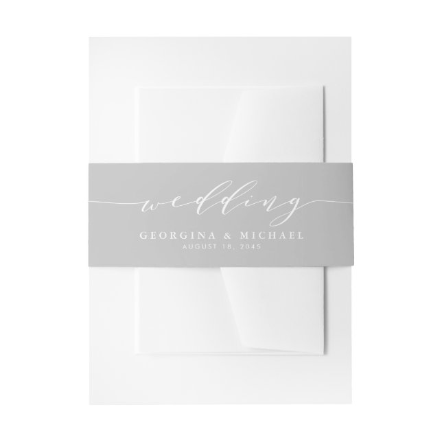Minimalist Dainty Script Grey Wedding Invitation Belly Band (Front Example)