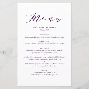 Minimalist Dainty Script Purple Wedding Menu Card