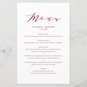 Minimalist Dainty Script Red Wedding Menu Card