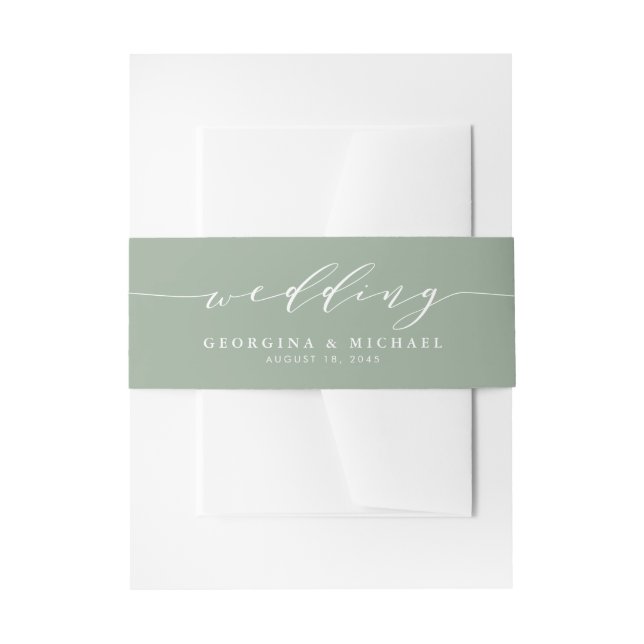 Minimalist Dainty Script Sage Green Wedding Invitation Belly Band (Front Example)