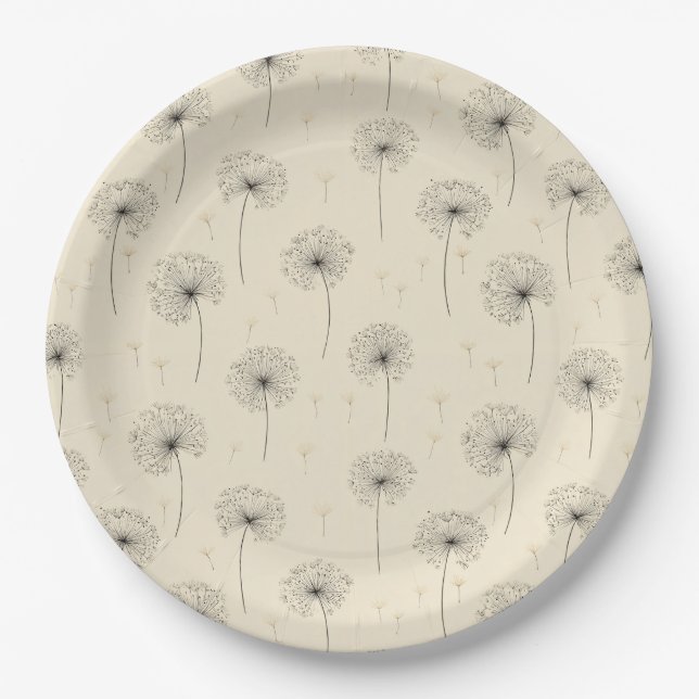Minimalist Dandelion Seed Pattern Beige (1) Paper Plate (Front)