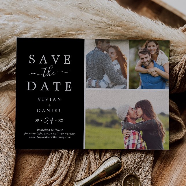 Minimalist | Dark Black 3 Photo Collage Save The Date (Creator Uploaded)
