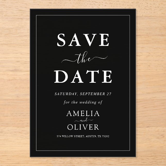Minimalist Dark Black Luxury Acrylic Save The Date Invitations (Front)