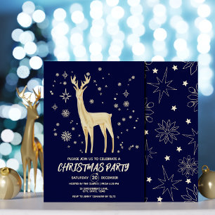 Minimalist dark blue and gold Elegant Deer xmas Invitation