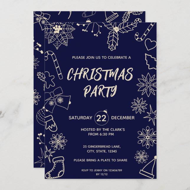 Minimalist Dark Blue and Gold Elegant Xmas Party Invitation (Front/Back)