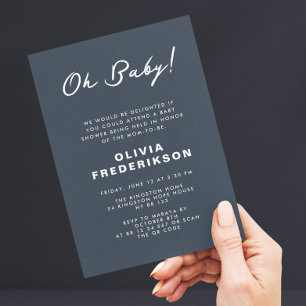 Minimalist Dark Blue Baby Shower QR Code Invitation
