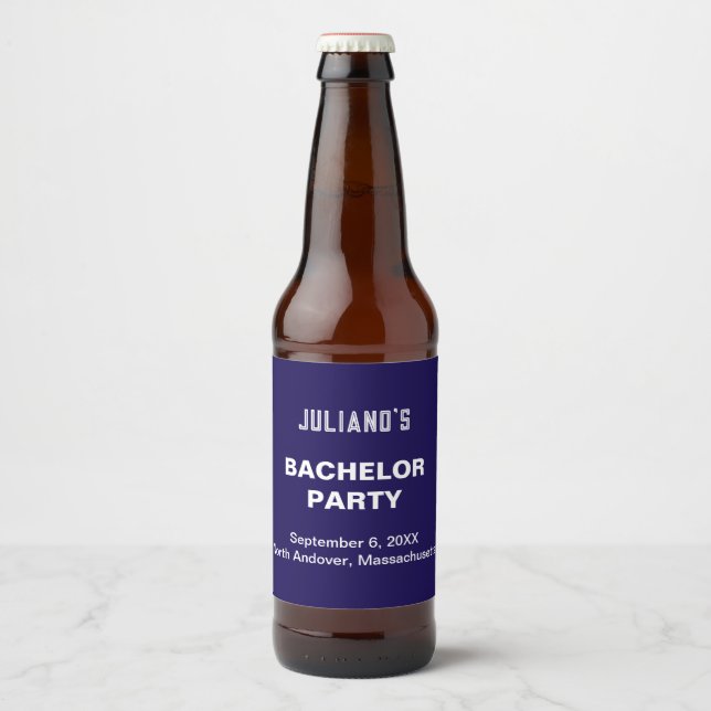 Minimalist Dark Blue Bachelor Party Beer Bottle Label (Front)