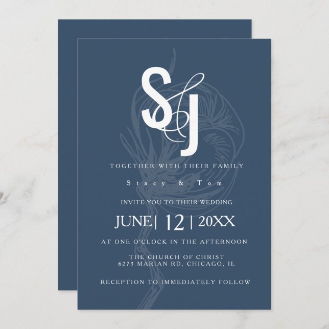 Minimalist Dark Blue Cotton Floral Wedding Invitation (Front/Back)
