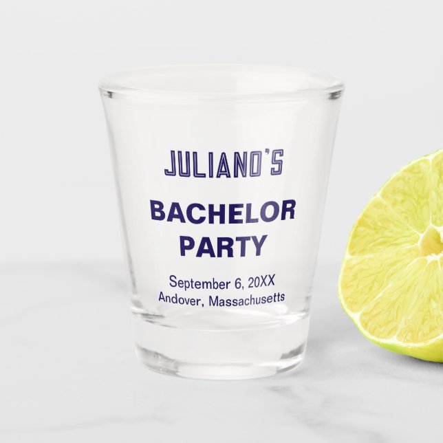 Minimalist Dark Blue Text Bachelor Party Shot Glass (Front)
