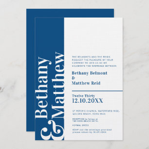 Minimalist dark blue white graphic text wedding invitation