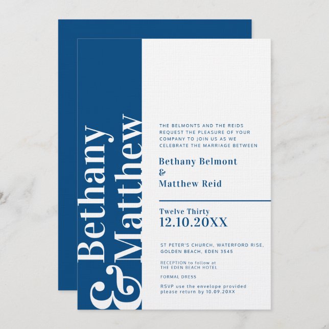 Minimalist dark blue white graphic text wedding invitation (Front/Back)