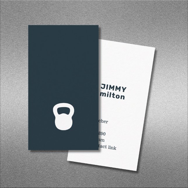 Minimalist Dark Blue White Kettlebell Gym Business Card (Creator Uploaded)