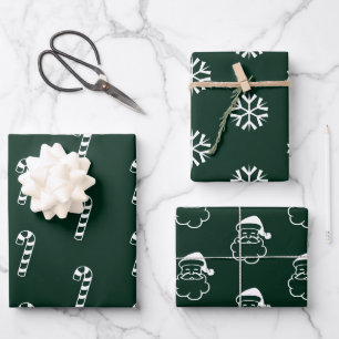Minimalist dark green candy cane santa snowflakes wrapping paper sheet