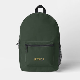 Minimalist dark green gold script personalised printed backpack