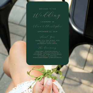Minimalist Dark Green Gold Script Wedding Program Hand Fan