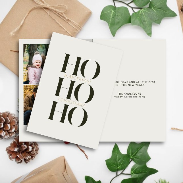 Minimalist Dark Green "HO HO HO" Photo Christmas  Holiday Card (Creator Uploaded)