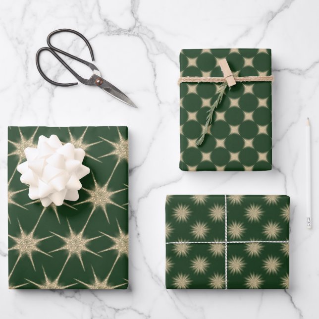 Minimalist Dark Green Modern Gold Stars Wrapping Paper Sheet (Front)