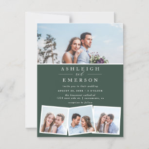 Minimalist Dark Green Photo Collage Wedding Magnetic Invitation