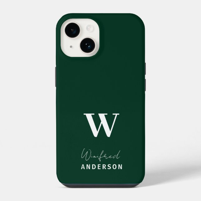 Minimalist Dark Green Stylish Monogram Custom Name iPhone Case (Back)