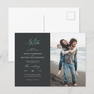 Minimalist Dark Grey & Green Branch Wedding Photo Invitation Postcard
