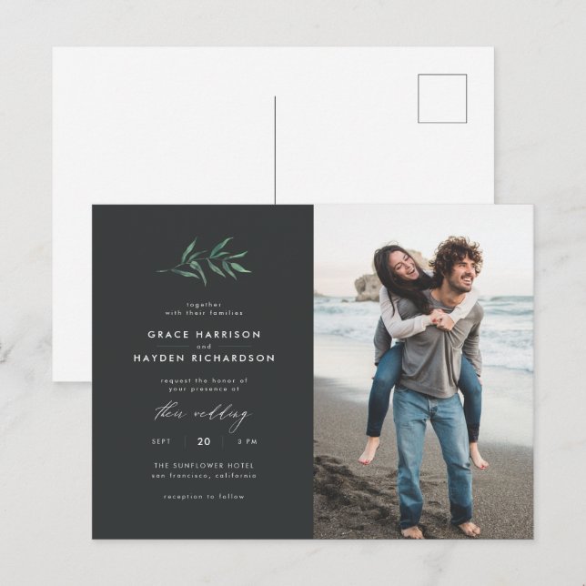Minimalist Dark Grey & Green Branch Wedding Photo Invitation Postcard (Front/Back)