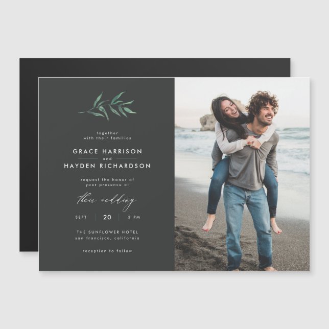 Minimalist Dark Grey & Green Branch Wedding Photo Magnetic Invitation (Front/Back)