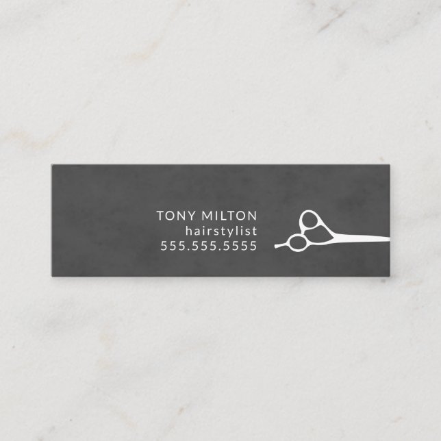 Minimalist Dark Grey White Scissors Hairstylist Mini Business Card (Front)