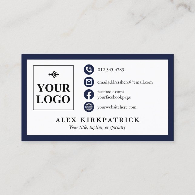 Minimalist Dark Navy Blue Icons Border & Your Logo Business Card (Front)