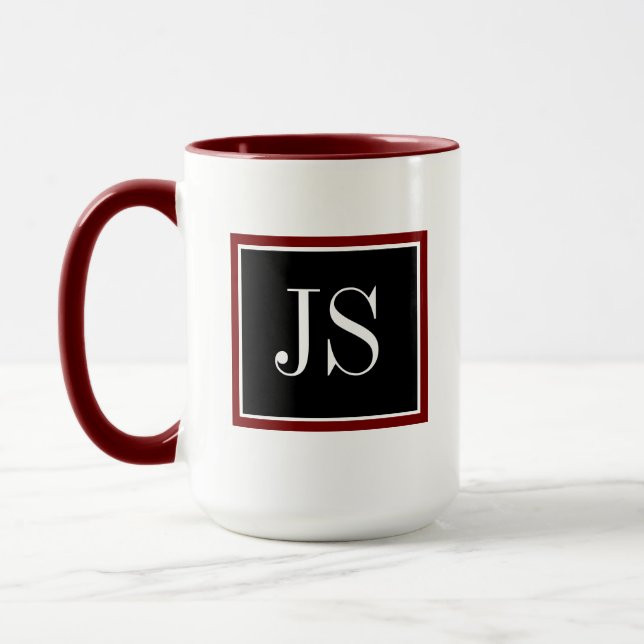 Minimalist Dark Red and Black Initials Christmas Mug (Left)
